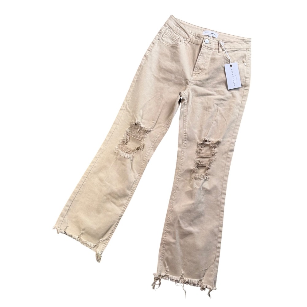Risen Distressed Straight Leg Jeans Women‎ 3/26 Tan Raw Hem NWT